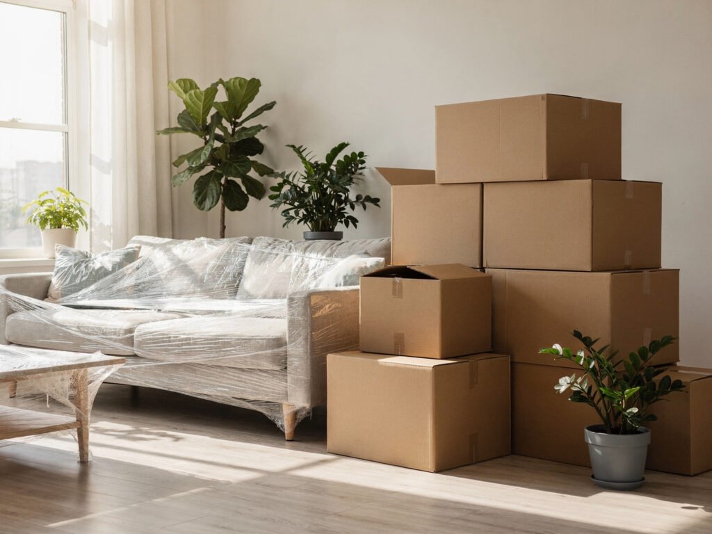 Family packing boxes in a living room (illustrative)