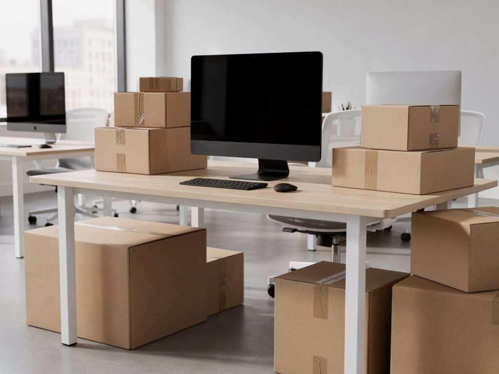 Office desks and boxes for relocation (illustrative)