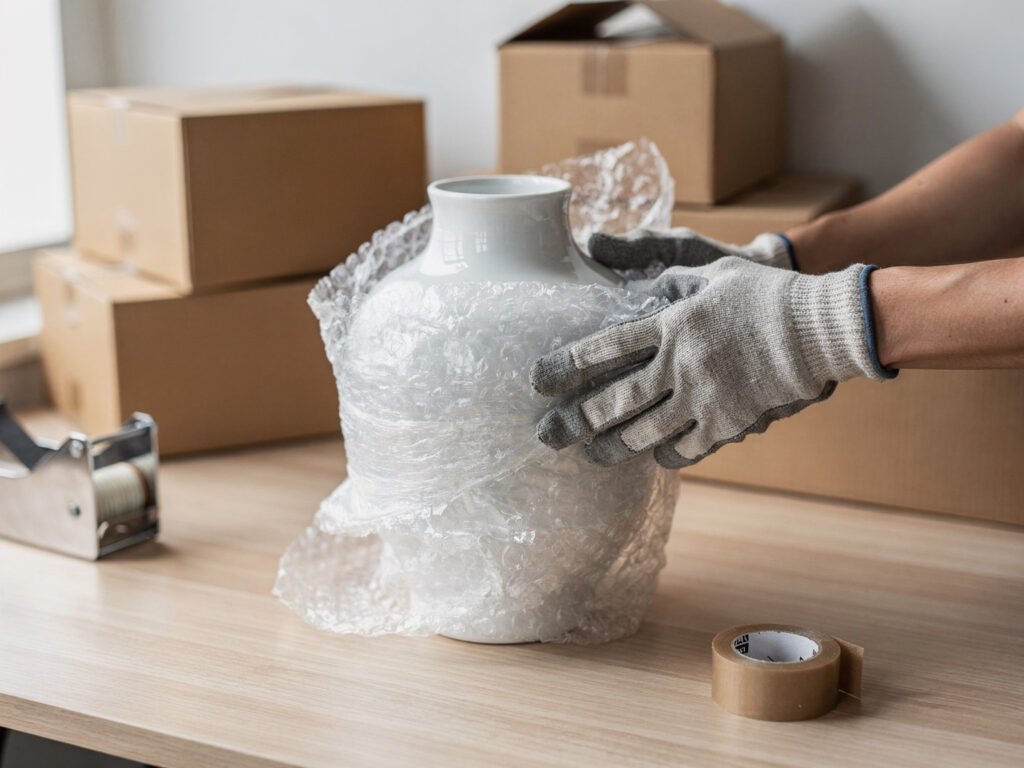 Hands packing items with bubble wrap (illustrative)
