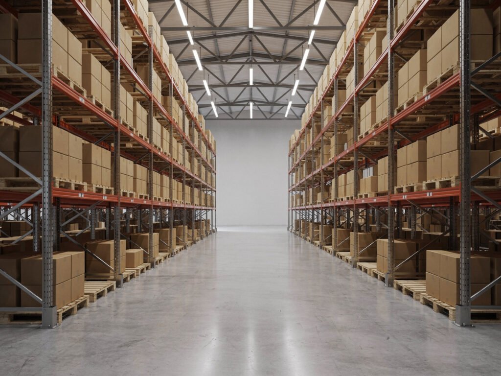 Warehouse shelves with boxes (illustrative)